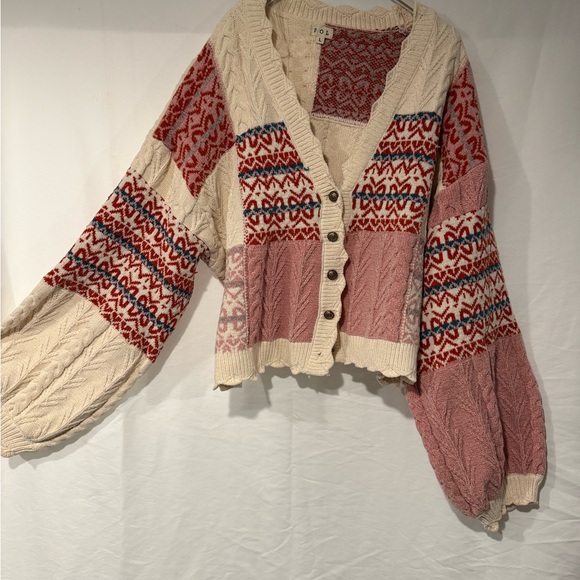 POL Sweaters - POL Cream and Red Patterned Cardigan